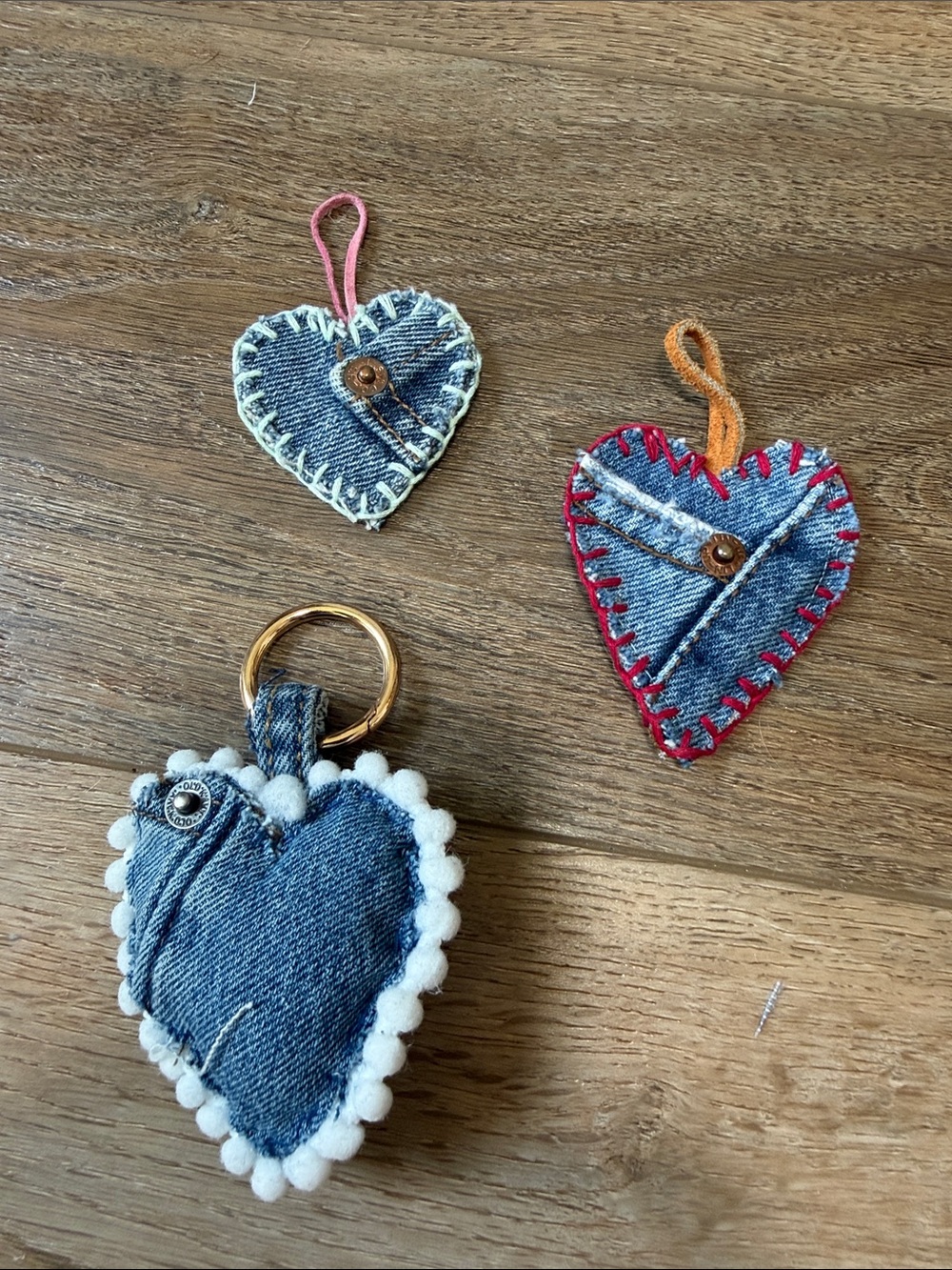 Handmade Denim Heart Key  - Blue with Red, Pink, and Tan Accents